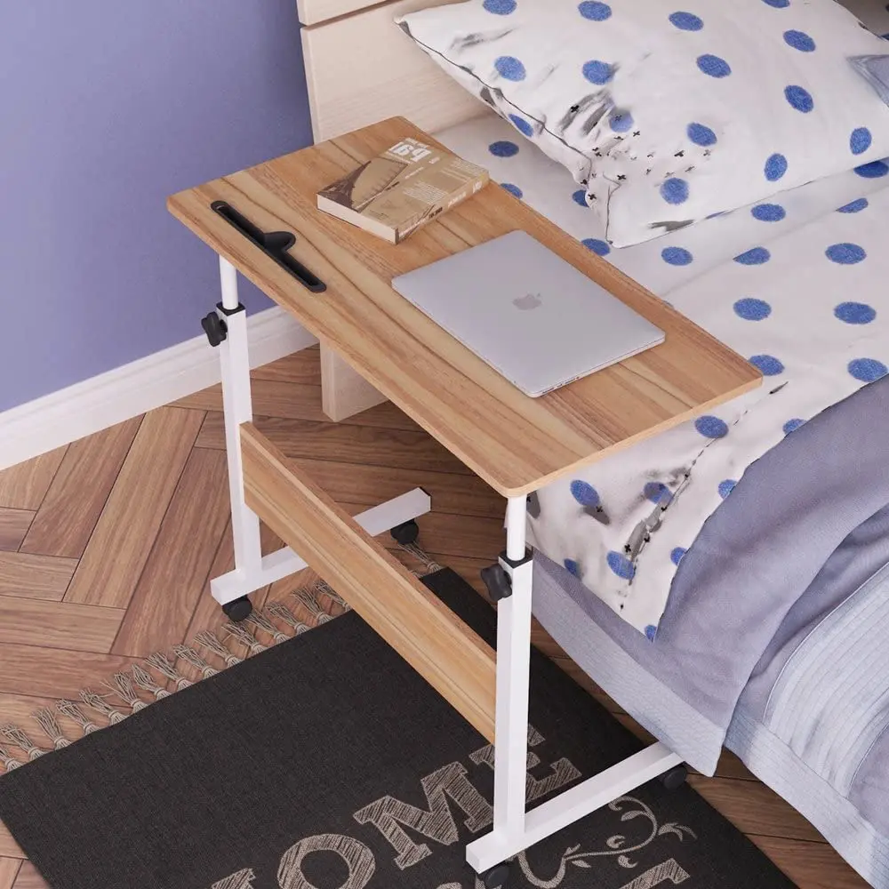 Dlandhome 80 X 40Cm Computer Desk Learning Desk Care Table Bedside Breakfast Table Height Adjustable With Casters Side Table For Office Bedroom With Tablet Slot 1