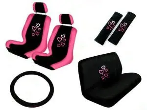 11 Piece Auto Interior Gift Set - 2 Multicolor Red And Pink Hearts Front Low Back Bucket Seat Covers, 2 Multicolor Red And Pink Hearts Head Rest Covers, 1 Multicolor Red And Pink Hearts Steering Wheel Cover, 2 Multicolor Red And Pink Hearts Shoulder Harne 1
