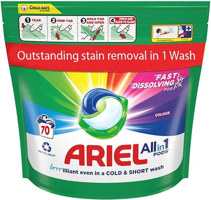 Ariel All In One Colour Pods, 70 Wash Capsules, Fast Dissolving Pods - Outstanding Stain Removal In 1 Wash 1