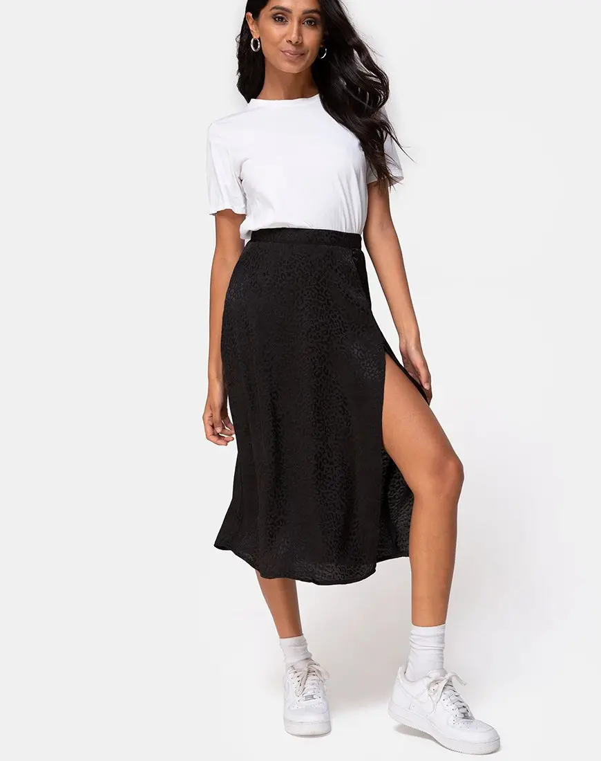 Saika Midi Skirt In Satin Cheetah Black 1